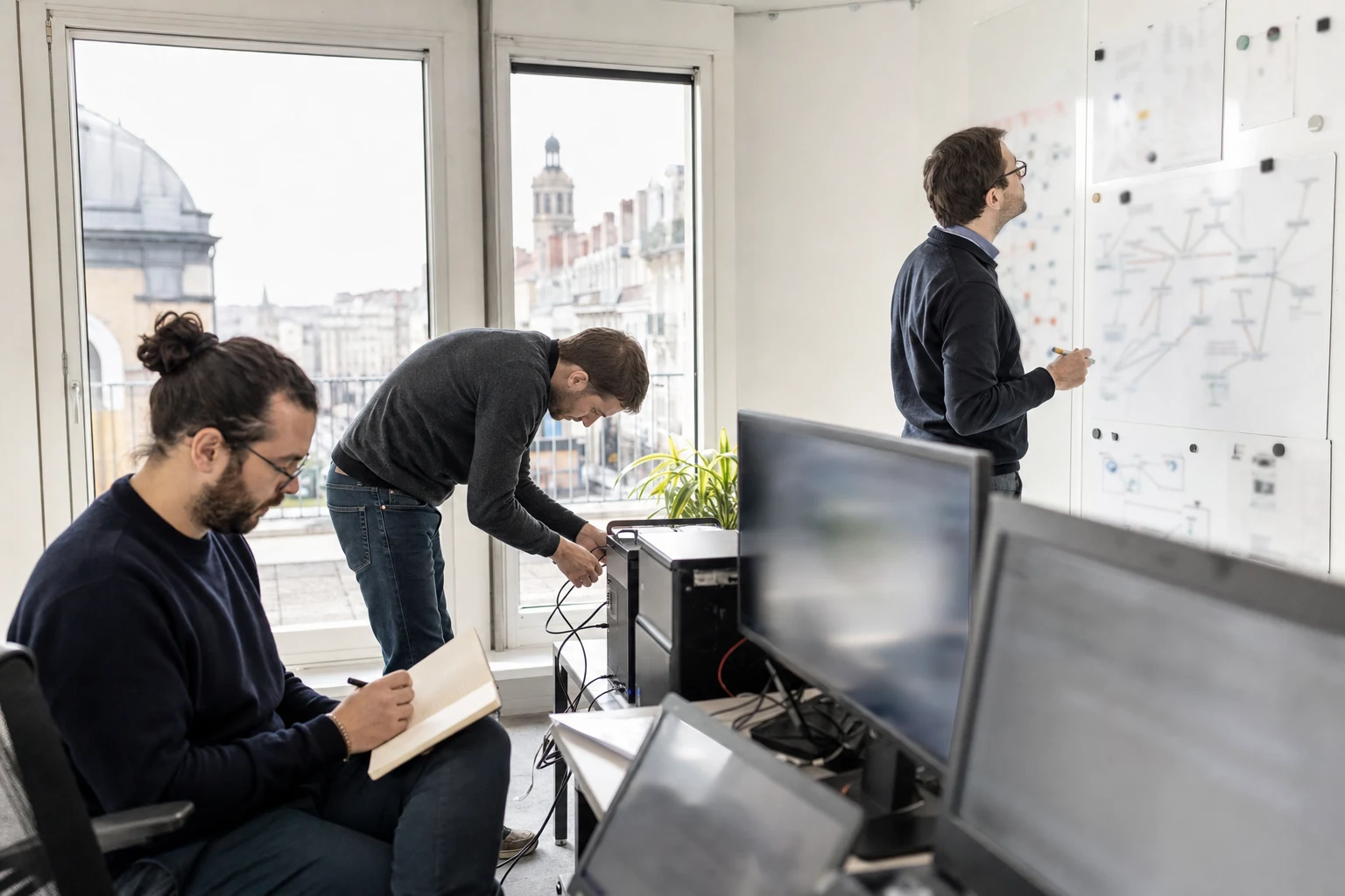 Équipe cybersécurité testant un workflow IA dans un bureau lumineux