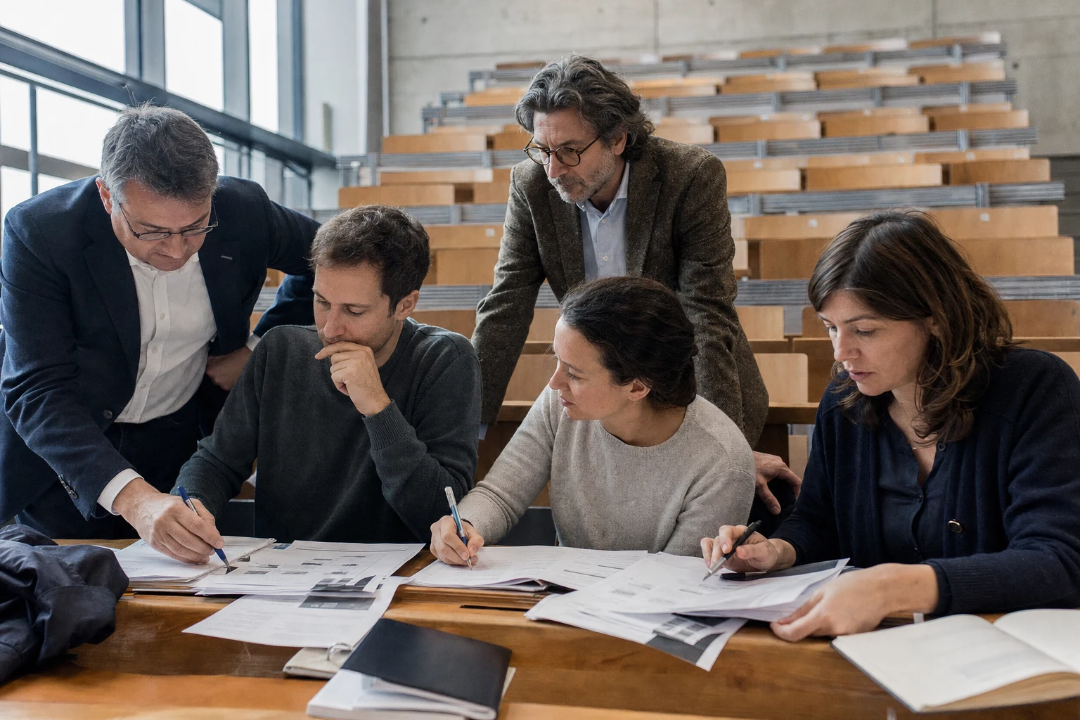 Formateurs et apprenants annotent des supports dans un amphithéâtre français.