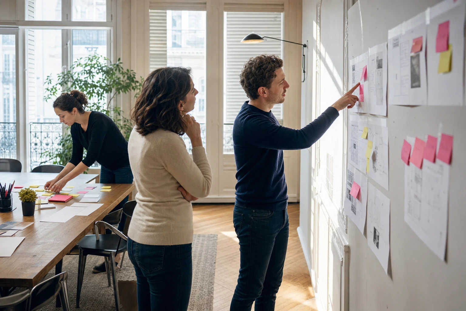 Équipe marketing à Paris classant des parcours clients imprimés