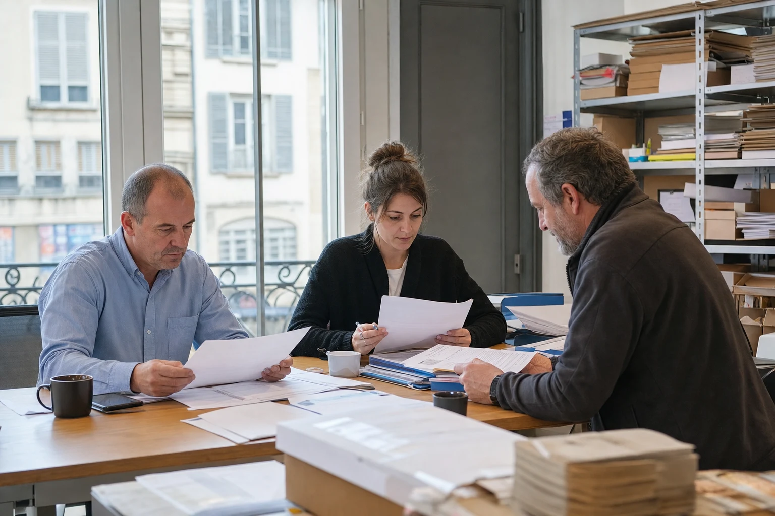 Dirigeant et équipe de PME examinant factures et dossiers autour d’une table.