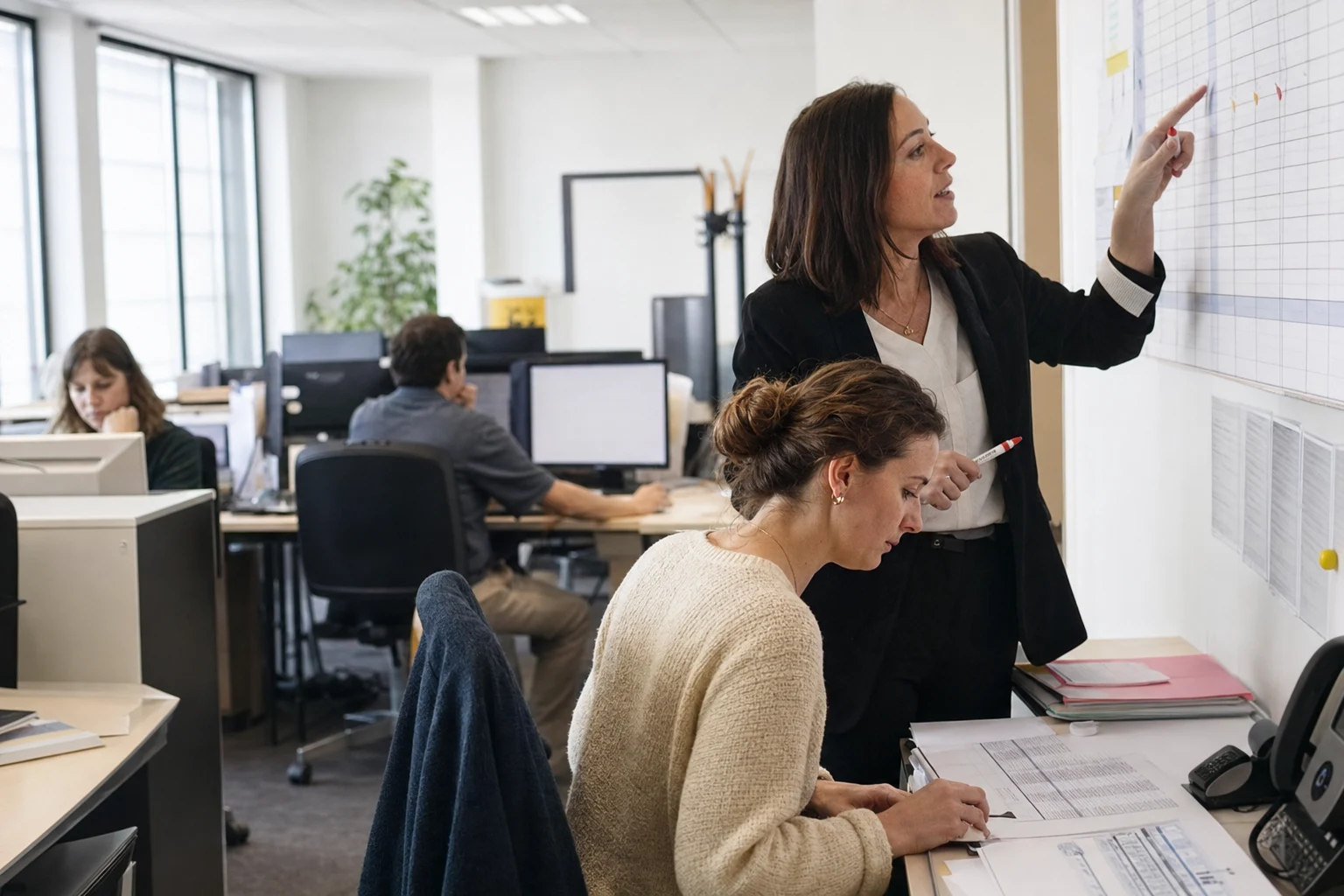 Recruteurs annotant une grille d’entretien dans un service RH français