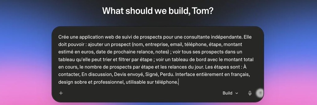 La demande de départ, saisie sur la page d’accueil de Lovable.
