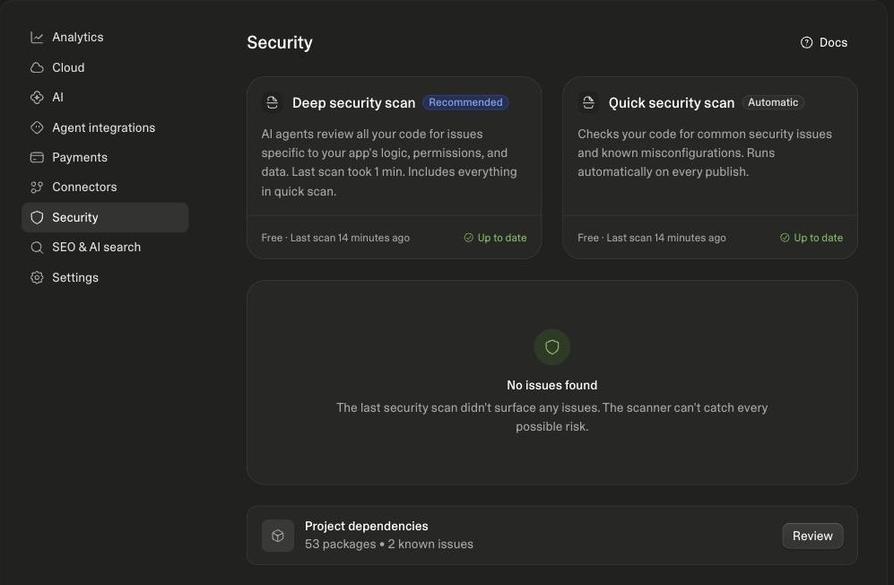 Le panneau Sécurité : rien à signaler dans le code de l’application, deux failles connues dans ses composants.