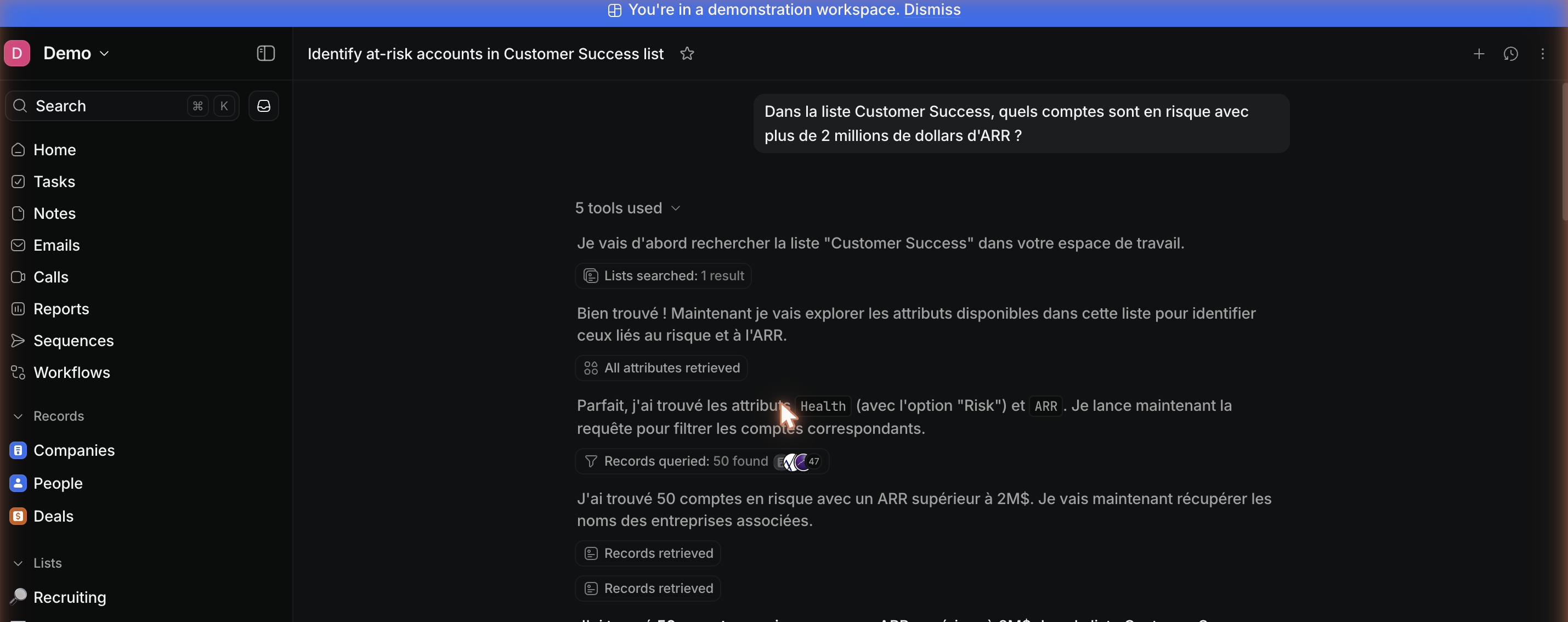 Ask Attio answers in French and shows every step: the list it found, the attributes it identified, the query it ran.