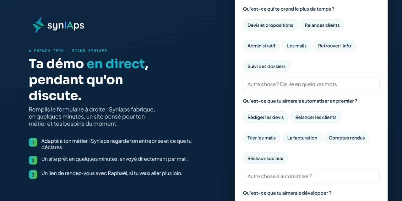 La page de démonstration du salon : trois questions, et la fabrication démarre pendant la conversation.