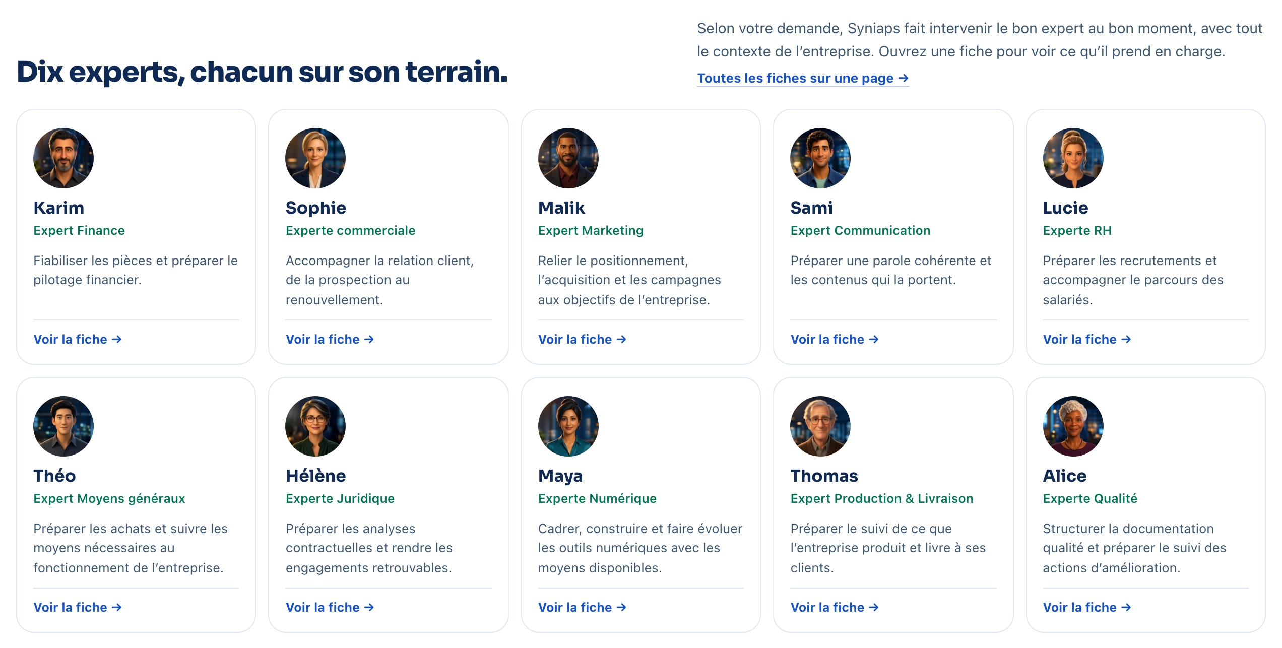 « Dix experts, chacun sur son terrain » : les experts de Syniaps, de la finance à la qualité, chacun avec sa fiche.