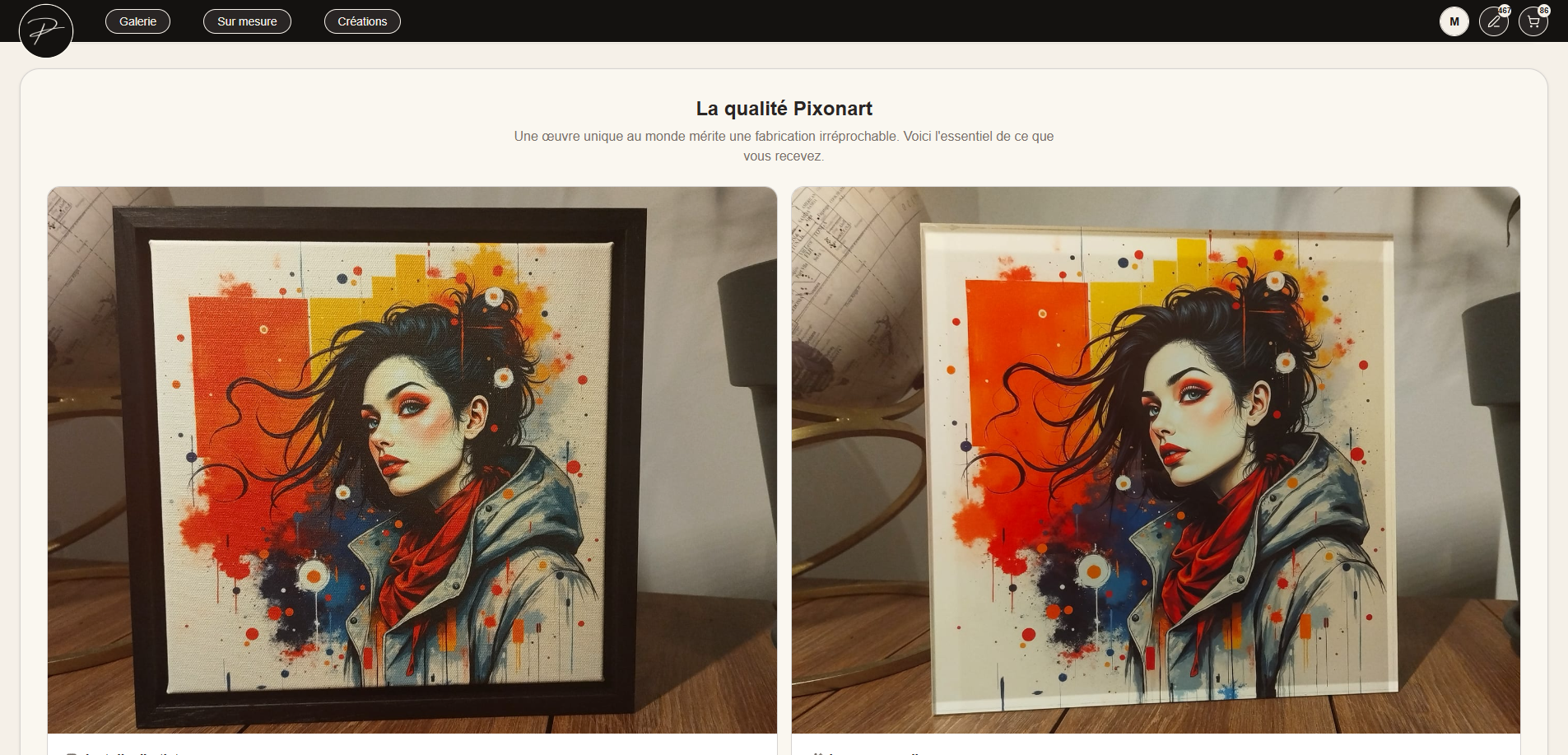 Le rendu final sur toile d'artiste et la même œuvre sous verre acrylique effet galerie