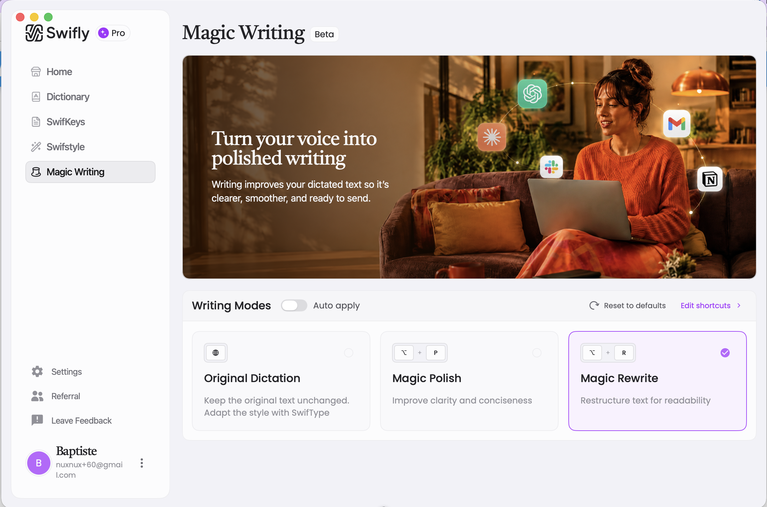 Magic Writing : amélioration et réécriture du texte dicté.